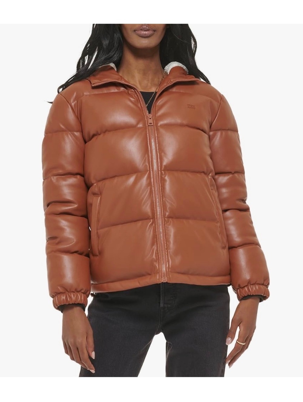 Levi's Brown Faux Leather Puffer Jacket with Hood Size M